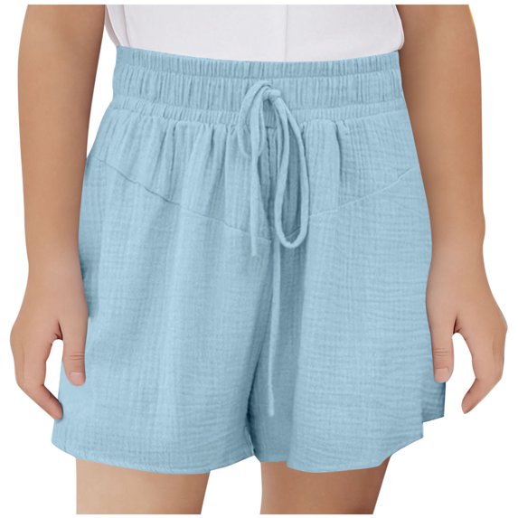 CYRBOKO Girls Athletic Shorts, Drawstring Sports Summer Elastic Waist Short Bottoms Blue Size 13-14 T
