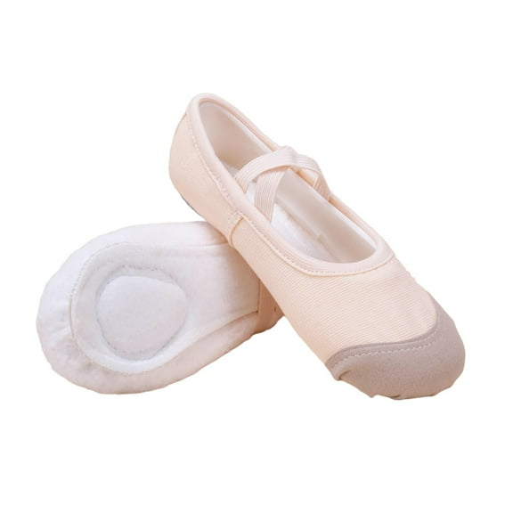 CYRBOKO Girls Ballet Shoes, Soft Sole Elastic X-Strap Canvas Dancewear Flat Shoes for Little/Big Kids Beige Size 3 (Big Kids)