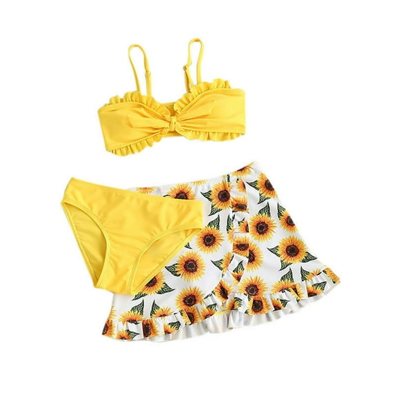 CYRBOKO Girls Bikinis Swim Set, Spaghetti Straps Summer Printed Two-piece Swimsuit Set Yellow Size 10-12 T