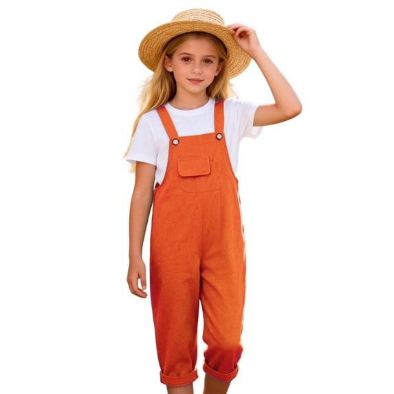 CYRBOKO Girls’Capri Jumpsuits, Lightweight Summer Casual Relaxed Fit Kids Rompers with Pocket Orange Size 11-12 T
