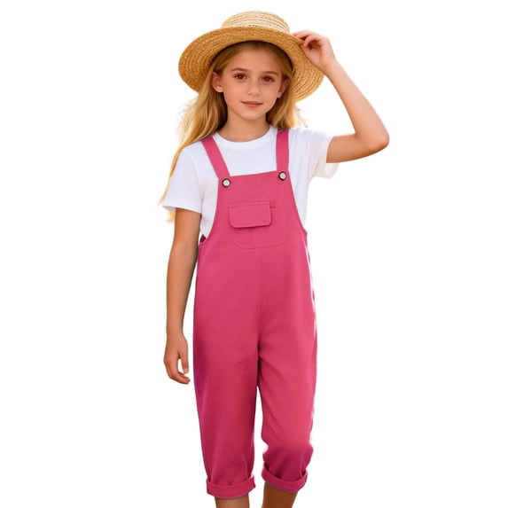 CYRBOKO Girls’Capri Jumpsuits, Lightweight Summer Relaxed Fit Casual Kids Rompers with Pocket Pink Size 11-12 T