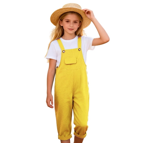 CYRBOKO Girls’Capri Jumpsuits, Lightweight Summer Relaxed Fit Casual Kids Rompers with Pocket Yellow Size 10-12 T
