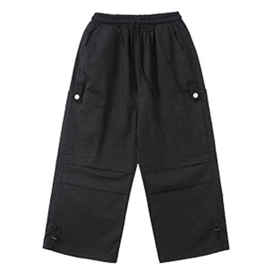 CYRBOKO Girls Cargo Pants 2025, Elastic Waist Drawstring Loose Cotton Wide-leg Pants Black Size 9-10 T