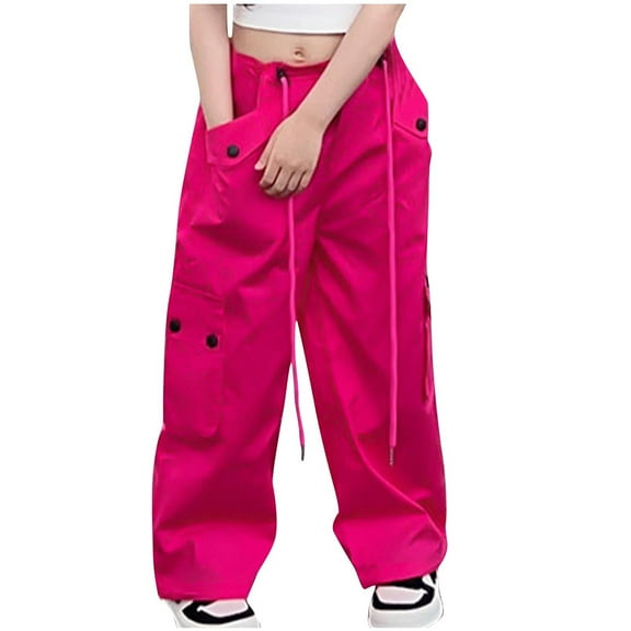 CYRBOKO Girls Cargo Pants, Cotton Casual Loose Drawstring Jogger Pants Hot Pink Size 7-8 T