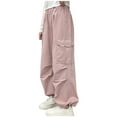 thumbnail image 1 of CYRBOKO Girls Cargo Pants, Drawstring Loose Cotton Sport Bottoms Pink Size 13-14 T, 1 of 3