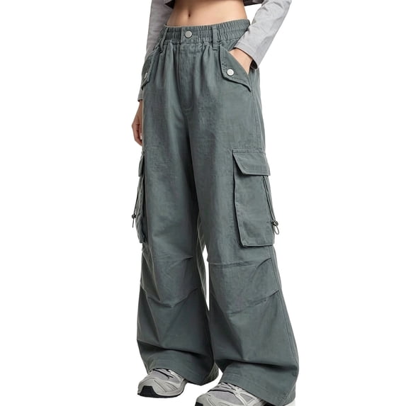 CYRBOKO Girls Cargo Pants Size 14-16 with Pockets, Loose Fit Casual Elastic Waist Outdoor Wide Leg Pants Green