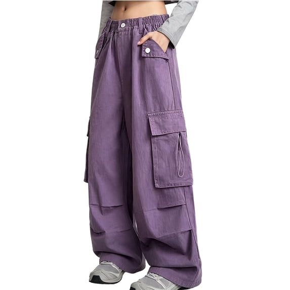 CYRBOKO Girls Cargo Pants with Pockets, Casual Elastic Waist Loose Fit Outdoor Wide Leg Pants Purple Size 11-12 T