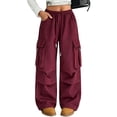 thumbnail image 1 of CYRBOKO Girls Cargo Pants with Pockets, Drawstring Casual Loose Fit Elastic Waist Wide Leg Pants Red Size 10-12 T, 1 of 5
