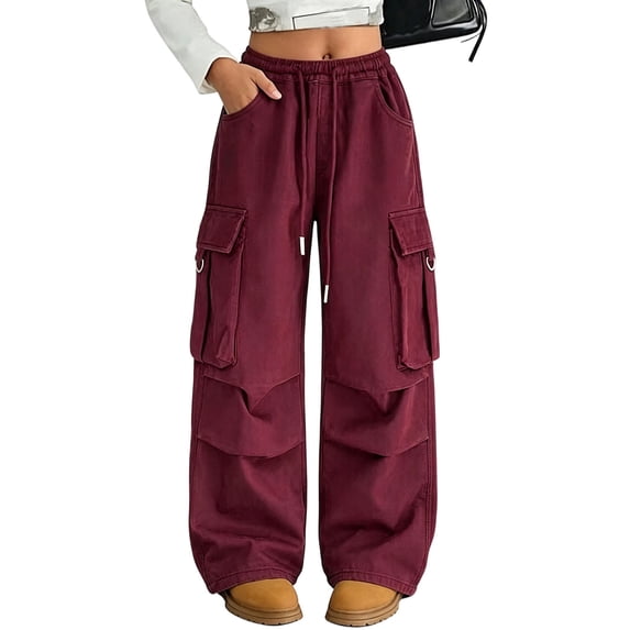 CYRBOKO Girls Cargo Pants with Pockets, Drawstring Casual Loose Fit Elastic Waist Wide Leg Pants Red Size 10-12 T