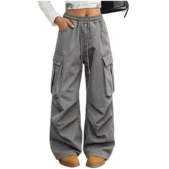 CYRBOKO Girls Cargo Pants with Pockets, Drawstring Loose Fit Casual Elastic Waist Wide Leg Pants Gray Size 14-15 T