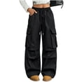 thumbnail image 1 of CYRBOKO Girls Cargo Pants with Pockets, Elastic Waist Loose Fit Casual Drawstring Wide Leg Pants Black Size 5-6 T, 1 of 7