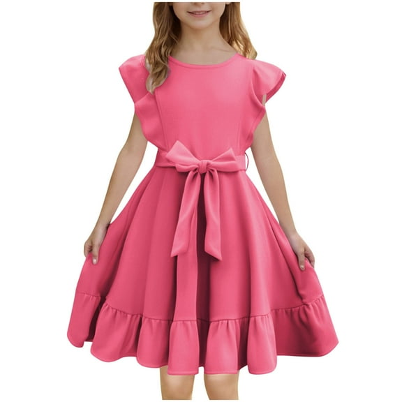CYRBOKO Girls Casual Dresses, Princess Flutter Sleeve A-line Summer Midi Dresses Hot Pink Size 11-12 T