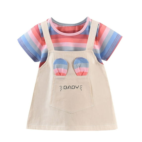 CYRBOKO Girls Casual Dresses, Short Sleeve Striped Gift Cotton Summer Dresses Khaki Size 9-10 T