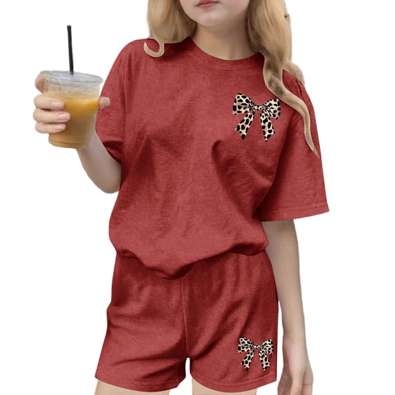 CYRBOKO Girls Casual Outfit Sets, 2 Pieces Summer Elastic Waist Gift Short Sleeve Tops with Shorts Red Size 13-14 T