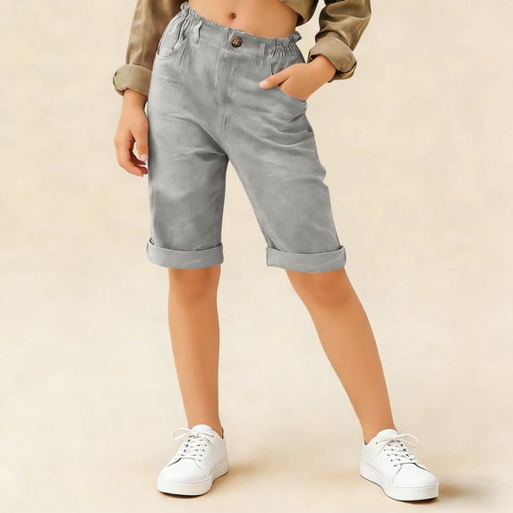 CYRBOKO Girls Casual Shorts, Elastic Waist Lightweight Back-to-school Straight-leg Summer Shorts Gray Size 5-6 T