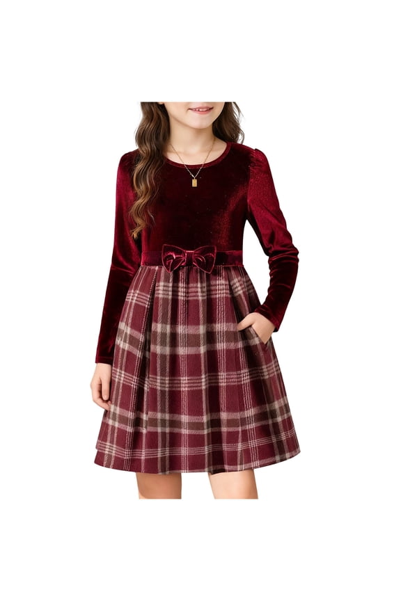 Girls Holiday Velvet Dresses, Patchwork Seasonal Plaid Long Sleeve Dresses with Pockets & Bow Wine Size 10-12 T