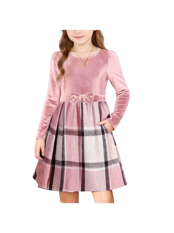 Girls Holiday Velvet Dresses, Plaid Patchwork Stretchy Long Sleeve Dresses with Pockets & Bow Pink Size 11-12 T