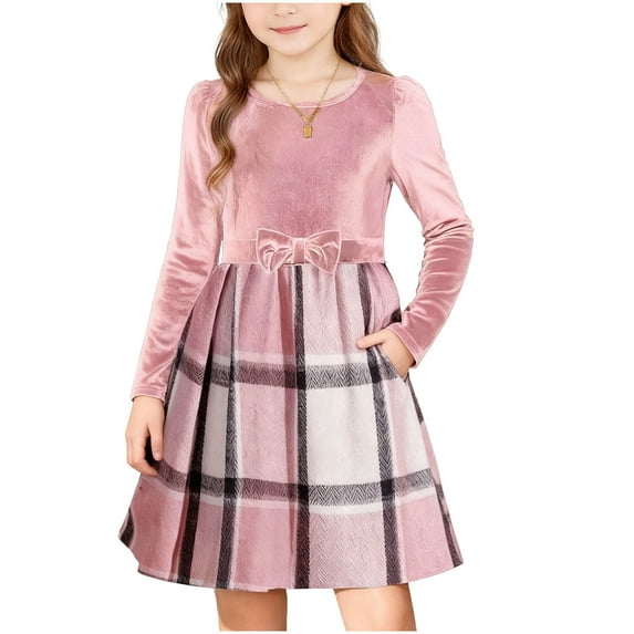 CYRBOKO Girls Holiday Velvet Dresses, Plaid Patchwork Stretchy Long Sleeve Dresses with Pockets & Bow Pink Size 5-6 T