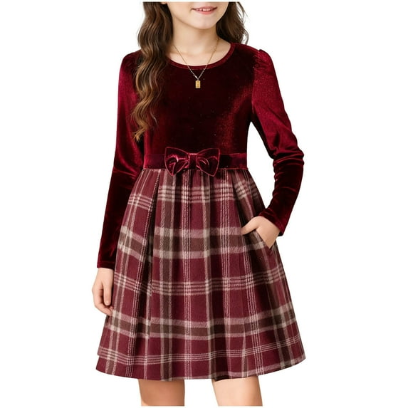 CYRBOKO Girls Holiday Velvet Dresses, Seasonal Patchwork Long Sleeve Plaid Dresses with Pockets & Bow Wine Size 9-10 T