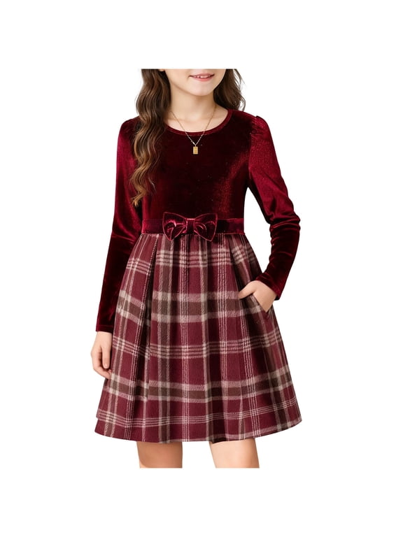 Girls Holiday Velvet Dresses, Seasonal Patchwork Long Sleeve Plaid Dresses with Pockets & Bow Wine Size 9-10 T