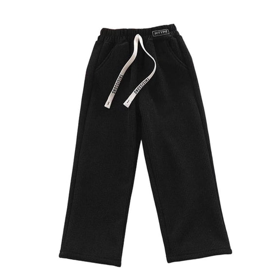 CYRBOKO Girls Corduroy Pants, Elastic Waist Casual Drawstring Fleece-lined Wide-leg Pants Black Size 7-8 T