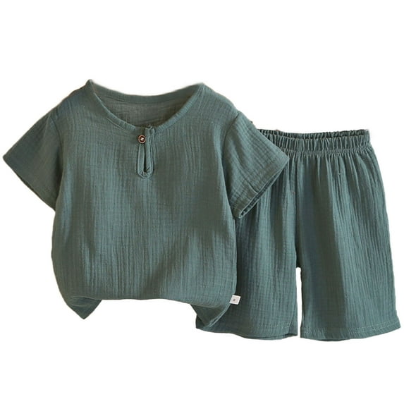 CYRBOKO Girls Cotton Linen Outfit Sets, Two-piece Summer Elastic Waist Short Sleeve Tee with Shorts Army Green Size 1-2 T