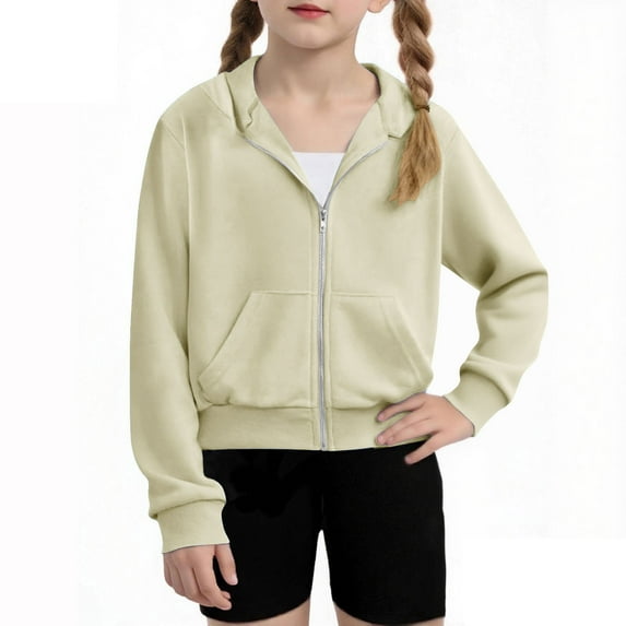 CYRBOKO Girls Cropped Sweatshirts, Long Sleeve Athletic Full Zip Hooded Outerwear with Pockets Beige Size 5-6 T