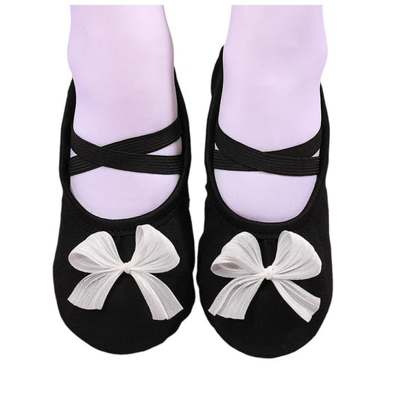 CYRBOKO Girls Dance Shoes, Canvas Comfortable Elastic X-Strap Soft Sole Ballet Flat Shoes Black Size 12 (Little Kids)