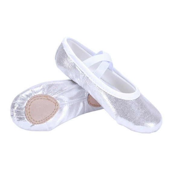 CYRBOKO Girls Dance Shoes, Elastic X-Strap Soft Sole Comfortable Stretchy Flat Shoes for Little/Big Kids Silver Size 12 (Little Kids)