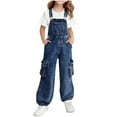 thumbnail image 1 of CYRBOKO Girls Denim Overalls, Pockets- Baggy Loose Fit Wide-leg Washed Jeans Suspender Pants Blue Size 12-13 T, 1 of 8