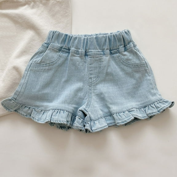 CYRBOKO Girls Denim Shorts, Elastic Waist Ruffle Summer Solid Color Jean Shorts Blue Size 10-12 T