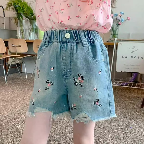 CYRBOKO Girls Denim Shorts, Loose Embroidered Summer Casual Jean Shorts Blue Size 8-9 T