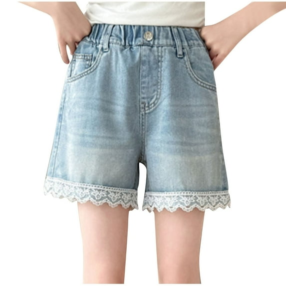 CYRBOKO Girls Denim Shorts, Loose Lace Trim Elastic Waist Casual Jean Shorts Blue Size 10-12 T