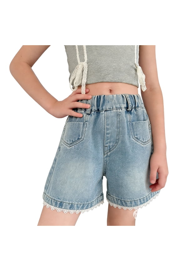 Girls Denim Shorts, Ruffled Hem Elastic Waist Tween Girly Summer Shorts Blue Size 3-4 T