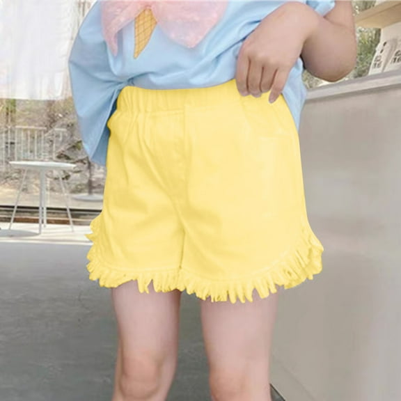 CYRBOKO Girls Denim Shorts, Solid Color Casual Summer Jean Shorts Yellow Size 6-7 T