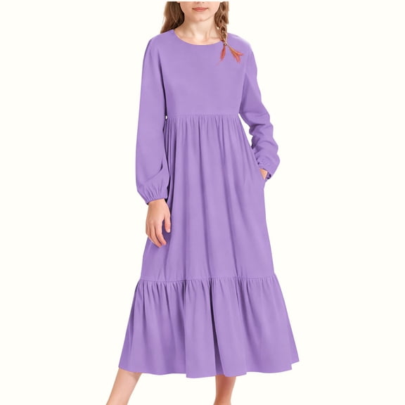 CYRBOKO Girls Dresses, A-line Casual Long Sleeve Breathable Mid-Length Dresses with Pockets Purple Size 14-15T