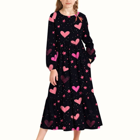 CYRBOKO Girls Dresses for Valentine's Day, A-line Birthday Crewneck Long Sleeve Dresses with Pockets Multicolor Size 4-15 T