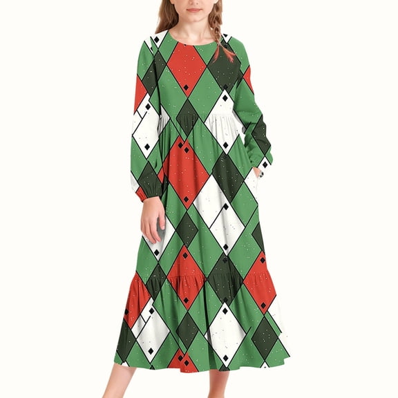 CYRBOKO Girls Dresses for Valentine's Day, Crewneck Party Long Sleeve A-line Dresses with Pockets Multicolor Size 8-9T