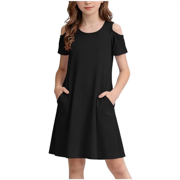 CYRBOKO Girls Dresses with Pockets, Short Sleeve Summer A-line Athletic Dresses for Kids Black Size 5-6 T