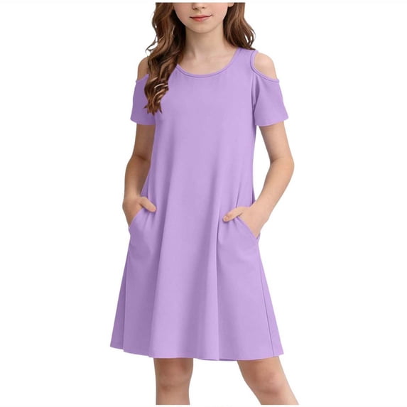 CYRBOKO Girls Dresses with Pockets, Summer A-line Short Sleeve Athletic Dresses for Kids Purple Size 9-10 T