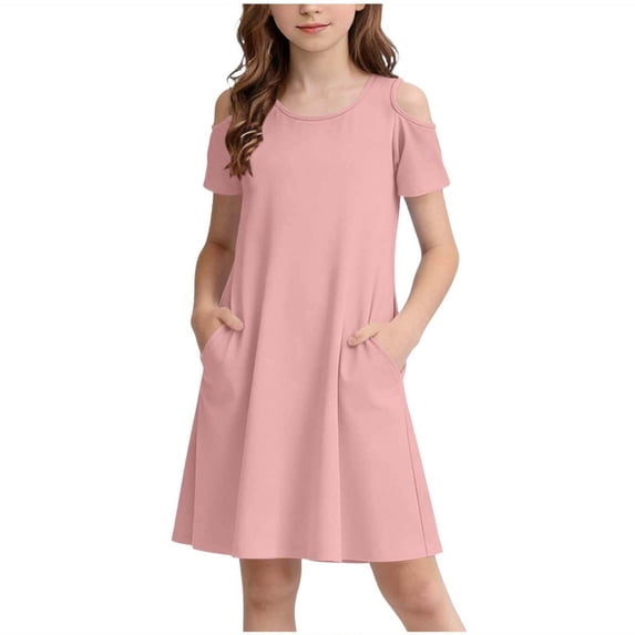 CYRBOKO Girls Dresses with Pockets, Summer Athletic A-line Short Sleeve Dresses for Kids Pink Size 14-15 T