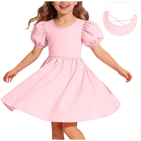 CYRBOKO Girls Dresses with Puff Sleeve, Stretchy Summer Casual A-line Midi Dresses for Kids Pink Size 5-6 T