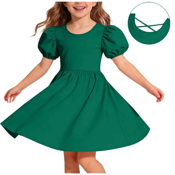 CYRBOKO Girls Dresses with Puff Sleeve, Summer Stretchy Casual A-line Midi Dresses for Kids Green Size 11-12 T