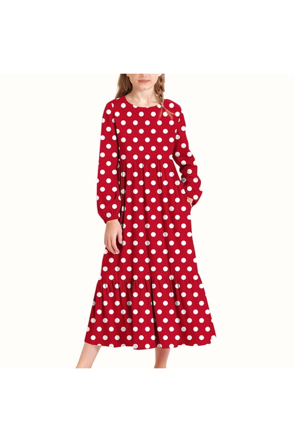 Girls Dresses with Side Pockets, Long Sleeve Birthday Polka Dot A-line Mid-Length Dresses Red Size 4-5T
