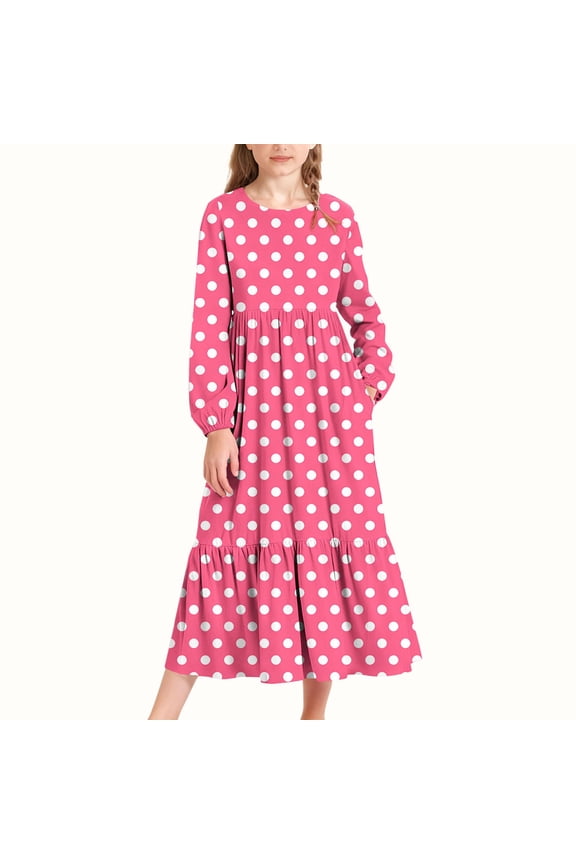Girls Dresses with Side Pockets, Long Sleeve Polka Dot Birthday A-line Mid-Length Dresses Pink Size 4-5T