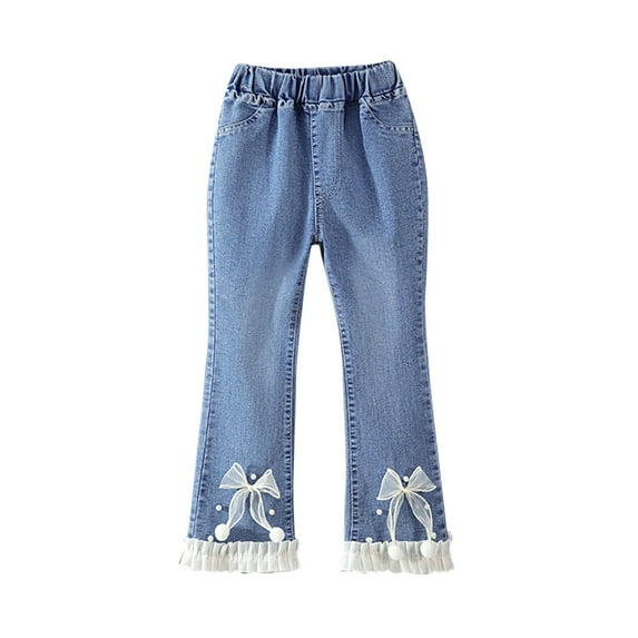 CYRBOKO Toddler Girls Flare Jeans 2025, Loose Ruffle Stretch Elastic Waist Straight Denim Pants White Size 11-12 T