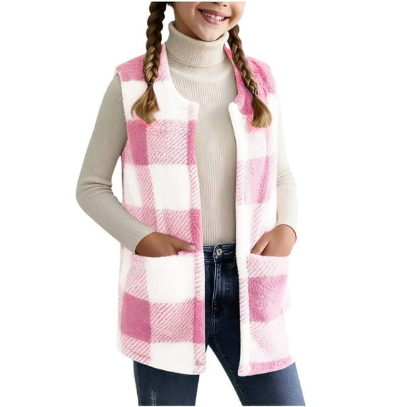 CYRBOKO Girls Fleece Vests, Open Front Sleeveless Palid Thermal Fall Cardigans Pink Size 11-12 T