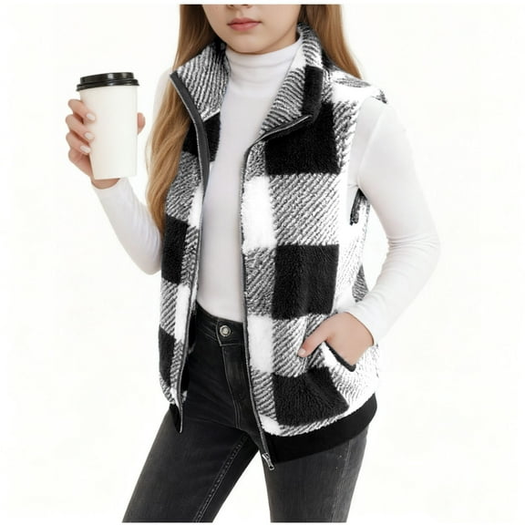 CYRBOKO Girls Fleece Vests with Zipper, Sleeveless Full Zip Palid Thermal Jackets with Pockets Black Size 15-16 T