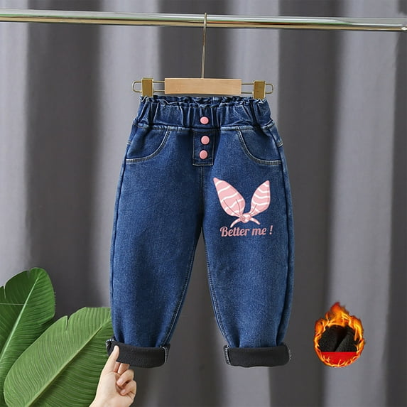 CYRBOKO Girls Graphic Jeans, Elastic Waist Gift Casual Comfy Denim Pants Blue Size 5-6 T