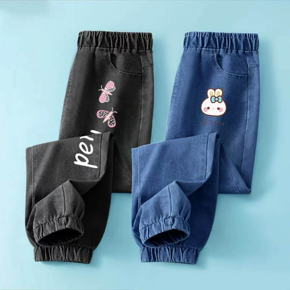 CYRBOKO Girls Graphic Jeans, Holiday Loose 2 Pack Elastic Waist Long Pants Blue Size 8-9 T